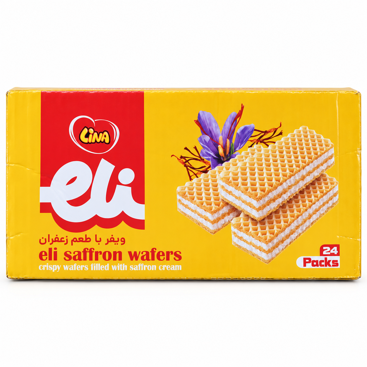 f03c89_03536733e7a549f4ab11b6b9a3f6878emv2.png Lina Eli Saffron Crispy Wafers Box (24 Pack) - 960g - Image 1